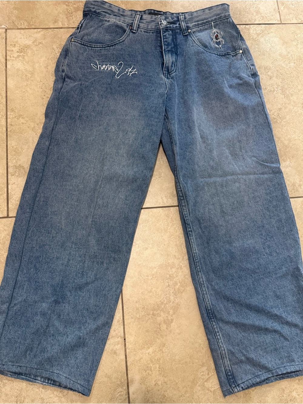 Men's Blue Wide-Leg Jeans with Embroidered Detail